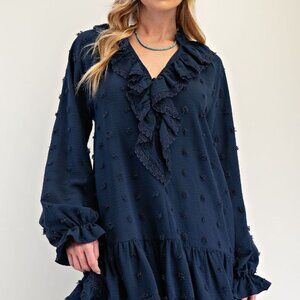 NWT Easel Brand Ruffled Pom Pom Chiffon Dress in Navy Blue